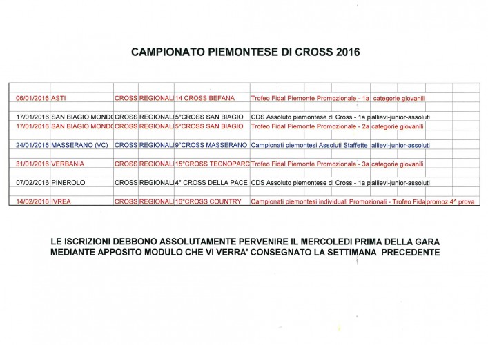 Calendario Cross 2016