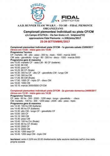 Campionati piemontesi Individuali su pista CF/CM – 23/24 settembre 2017